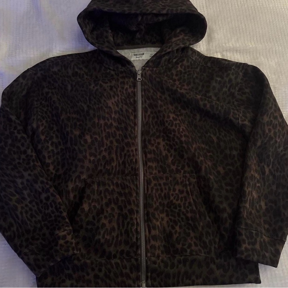 Hollister Brown and Black Leopard Print Zip-Up Hoodie